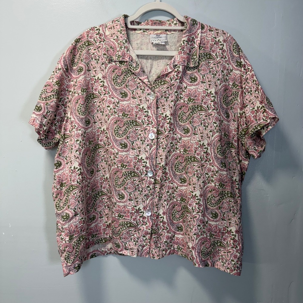 Vintage Hot Cotton by Marc Ware Paisley Linen Blouse Pink Green XL